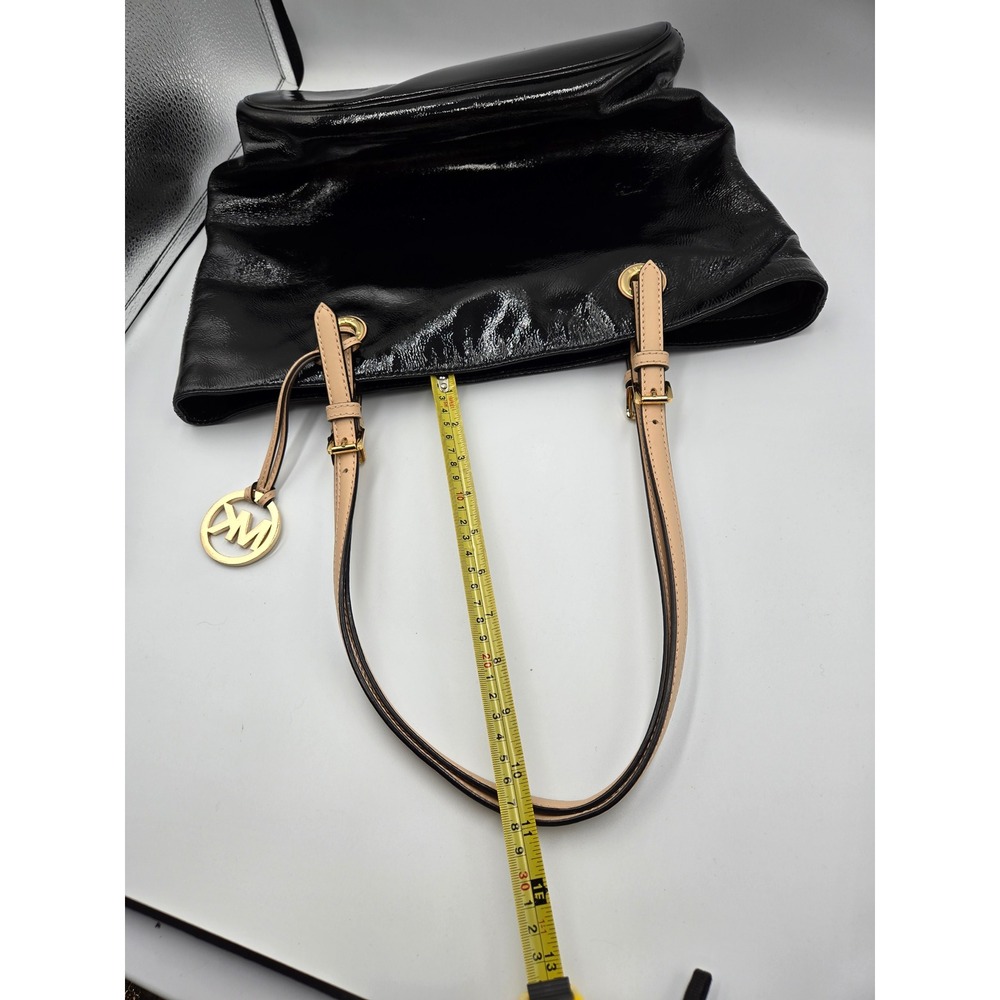Michael Kors Black Patent Leather Shoulder Tote Bag MK Charm Gold Hardware - Picture 9 of 12